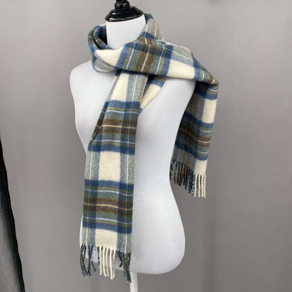 Vtg Harrods Lambswool Plaid Scarf Unisex Blue Cream Brown Made in Scotland
